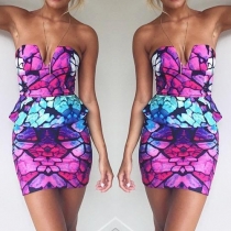 Sexy Strapless V-neck Flouncing Slim Fit Printed Dress