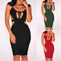 Sexy Backless Hollow Out Solid Color Bandage Dress