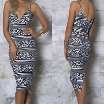 Sexy Backless Deep V-neck Slit Hem Slim Fit Printed Dress