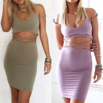 Sexy Backless Hollow Out Solid Color Bandage Dress