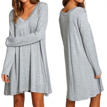 Fashion Solid Color Long Sleeve V Neck Loose Dress