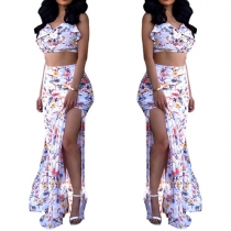 Sexy Backless Cami Tops + High Waist Slit Hem Maxi Skirt Printed Set