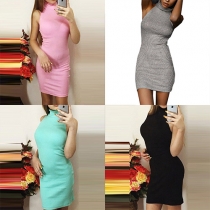 Fashion Solid Color Sleeveless Turtleneck Sheath Dress