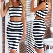 Sexy Sleeveless Square Collar Crop Tops + High Waist Bust Skirt Striped Two-piece Set