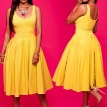 Elegant Solid Color Sleeveless Round Neck High Waist Dress