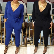 Sexy Deep V-neck Long Sleeve Solid Color Jumpsuits