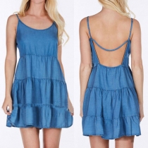 Sexy Backless Solid Color Sling Denim Dress
