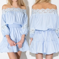 Sexy Lace Spliced Slash Neck Puff Sleeve Gathered Waist Dress