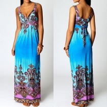 Bohemian Style Backless Deep V-neck High Waist Printed Maxi Dress