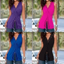 Sexy Lace Spliced V-neck Kinked Sleeveless Tops