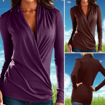 Fashion Solid Color Long Sleeve V-neck T-shirt