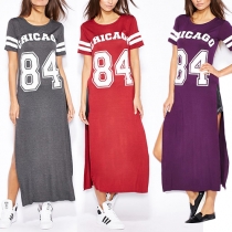Chic Style Short Sleeve Round Neck Slit Hem Maxi T-shirt