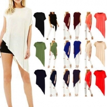 Fashion Solid Color Short Sleeve Round Neck Irregular Hem T-shirt