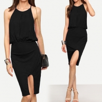 Fashion Solid Color Slit Hem Gathered Waist Sling Dress