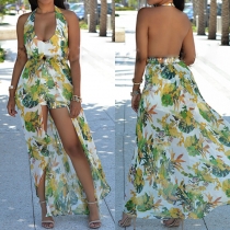 Sexy Backless Deep V-neck Chiffon Spliced Hem Printed Rompers