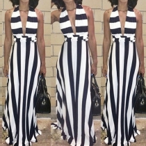 Sexy Backless Deep V-neck Sleeveless Striped Maxi Dress