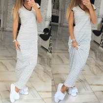 Chic Style Short Sleeve V-neck Striped Maxi Dress