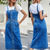 Retro Style Single-breasted Slim Fit Denim Dress