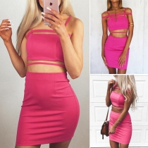 Sexy Solid Color Hollow Out Tank Tops Skirts Set 