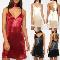 Sexy Backless V-neck Solid Color Sling Dress