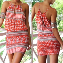 Bohemian Style Gathered Waist Printed Sling Dress