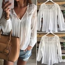 Fashion Lace Spliced Long Sleeve V-neck High-low Hem Shirt