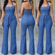 Vogue Solid Color Sleeveless Halter Slim-fitting Jumpsuit