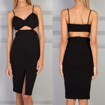 Sexy V-neck Sleeveless Hollow Out Slit Hem Sling Dress