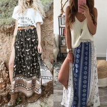 Bohemian Style High Waist Slit Hem Printed Maxi Skirt