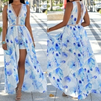 Sexy Backless Deep V-neck Slit Hem Printed Dress