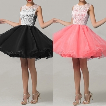 Sexy Lace Spliced Sleeveless Round Neck High Waist Dress