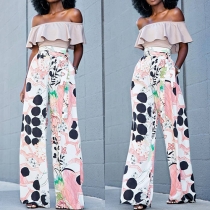 Sexy Slash Neck Tops + Printed High Waist Pants Two-piece Set