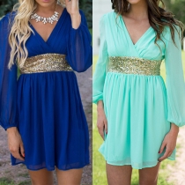 Sexy Deep V-neck Backless Long Sleeve Gathered Waist Chiffon Dress