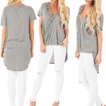 Vogue V-neck Laciness High-low Short Sleeves T-shirt