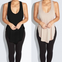 Sexy Solid Color Deep V-neck Sleeveless Side Slit T-shirt
