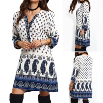 Trendy V-neck 3/4 Sleeve Printed Midi Dress