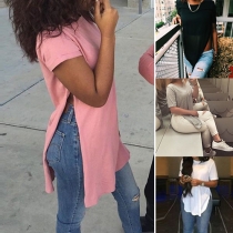 Casual Style Solid Color Round Neck Side Slit T-shirt (The size falls small)