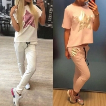 Casual Style Star Sequin Printed Short Sleeves Tops Pants Set
