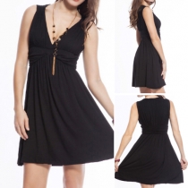 Sexy Solid Color V-neck Sleeveless Gathered Waist Dress