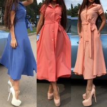 Trendy Solid Color Lapel Blouse Maxi Dress with Waist Tie