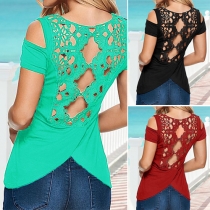 Sexy Solid Color Cold Shoulder Lace Spliced Hollow Out Tops