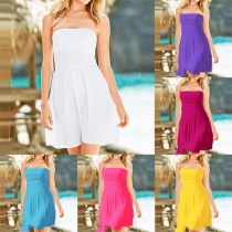 Sexy Solid Color Strapless Sleeveless Gathered Waist Dress