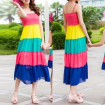 Sweet Contrast Color Striped Sleeveless Family Fitted Sling Dress