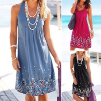 Fashion Style Round Neck Sleeveless Flowers Printed Dress