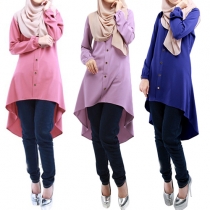 Vogue Solid Color Button Down Long Sleeves High-low Blouse Dress