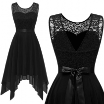 Sexy Round Neck Sleeveless Lace Spliced V Back Dress