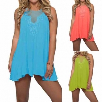 Sexy Backless Lace Spliced Sleeveless Solid Color Loose Dress