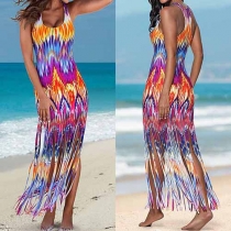 Fashion Flame Printed Sleeveless Round Neck Tassel Hem Maxi Dress