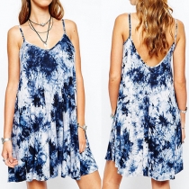 Fashion V-neck Sleeveless Backless Printed Loose-fitting Sling Dress
