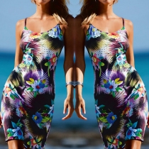 Sexy Round Neck Sleeveless Flowers Printed Sling Dress